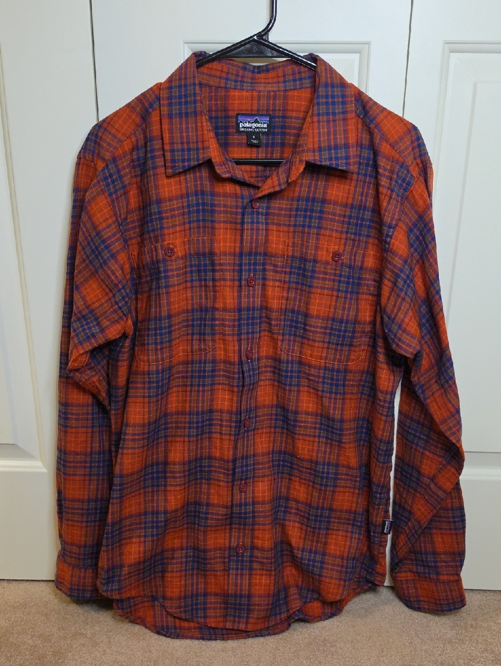 Patagonia Orange and Navy Plaid Button-Down Shirt